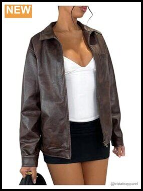 Women's Faux Leather Bomber Jacket Vintage Zip Up Long Sleeve Streetwear